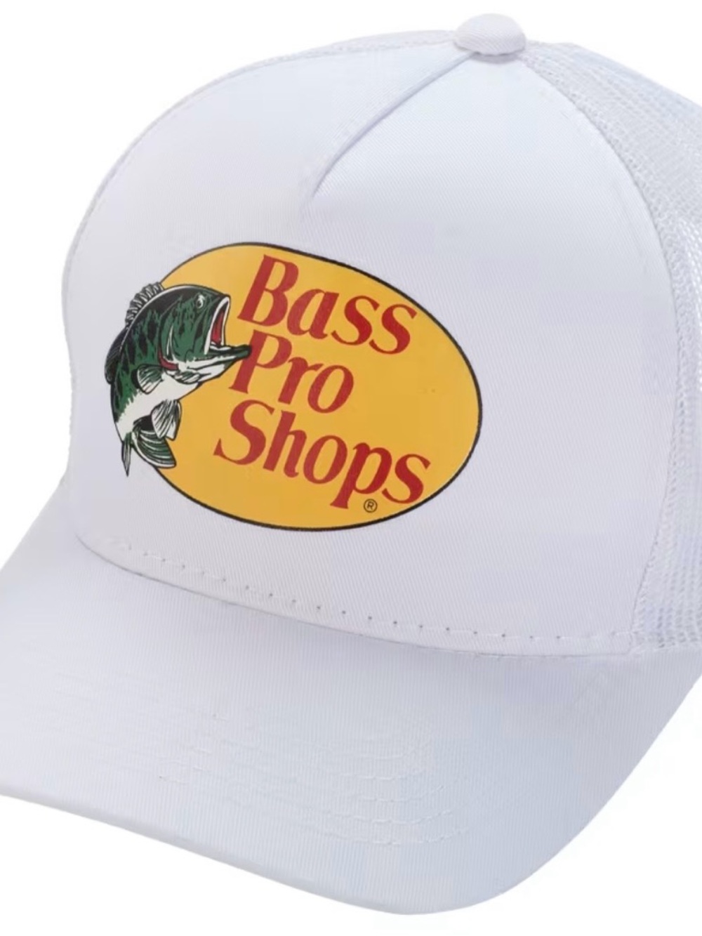 Bass Pro Shops White Trucker Hat with Yellow Logo and Green Fish